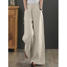 Women Solid Drawstring Waist Pocket Wide Leg Pants