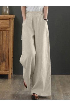 Women Solid Drawstring Waist Pocket Wide Leg Pants