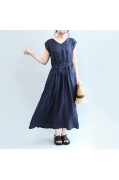 summer navy casual linen sundress plus size women v neck maxi dress