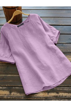 Cotton Solid Round Neck Short Sleeve Casual Blouse