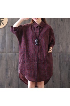 New cotton blended blouse casual Loose Casual Plaid Single Breasted Women Red Shirt