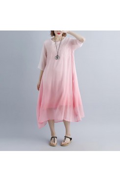 fine cotton dresses trendy plus size Fake Two-piece Pockets Retro Pink Summer Dress