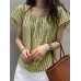 Plaid Square Collar Short Sleeve Casual Blouse