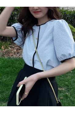 Plaid Button Puff Sleeve Casual Blouse