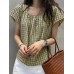 Plaid Square Collar Short Sleeve Casual Blouse