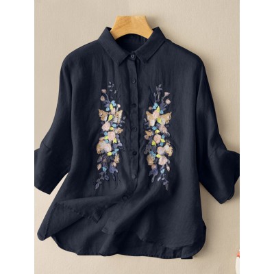 Embroidered Button Lapel Split Casual Cotton Shirt