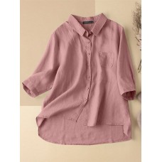 Cotton Solid Button Pocket High  Low Hem Casual Shirt