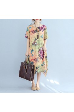 Elegant prints long cotton dresses oversize o neck cotton gown vintage short sleeve traveling clothing