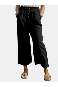 Solid Color Wide  legged Elastic Waist Cotton Pants