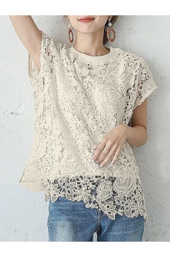 Lace Hollow Short Sleeve Crew Neck Two Pieces Blouse