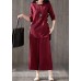 French red cotton clothes For Women Fitted linen wide leg pants two pieces Maxi o neck Chinese Button tops