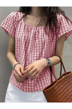 Plaid Square Collar Short Sleeve Casual Blouse