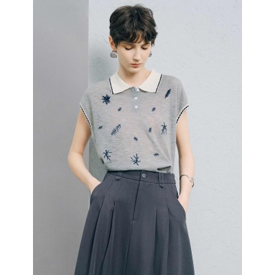 Contrast Collar Leaf Embroidery Sleeveless Knit Polo Top Contrast Collar Leaf Embroidery Sleeveless Knit Polo Top