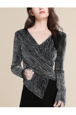 Glittery Wrap-Front Long Sleeve Top