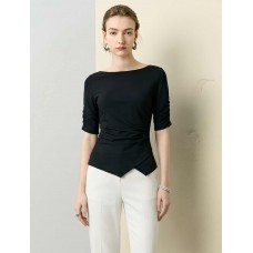 Boat Neck Ruched Sleeve Asymmetrical Top