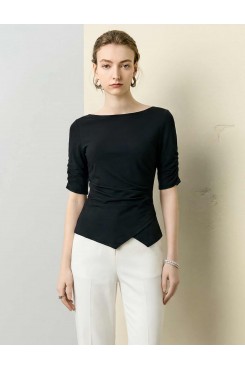 Boat Neck Ruched Sleeve Asymmetrical Top