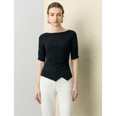 Boat Neck Ruched Sleeve Asymmetrical Top