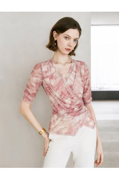 Tie Dye V-Neck Wrap Elbow Sleeve Top