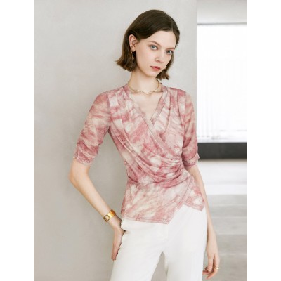 Tie Dye V-Neck Wrap Elbow Sleeve Top