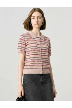 Vintage Striped Collared Short Sleeve Knit Cardigan Top