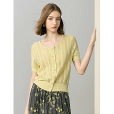 Pale Yellow Tencel Pearl Trim Knit Cardigan