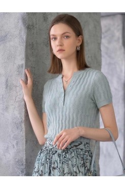 Wavy Openwork Tencel Linen Henley Knit Top