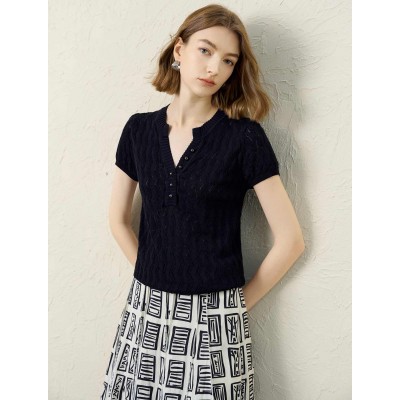 Tailored Open-Collar Knit Top