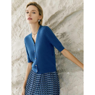 Blue Ribbed Knit Elbow-Sleeve Cardigan