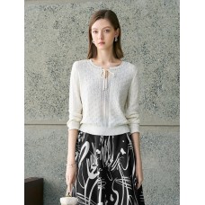 Tencel Eyelet Knit Tie-Neck Sweater