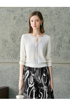 Tencel Eyelet Knit Tie-Neck Sweater