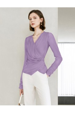 V-Neck Ruched Waist Long Sleeve Top