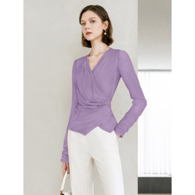 V-Neck Ruched Waist Long Sleeve Top