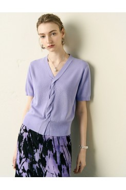 V-Neck Cable-Knit Short Sleeve Top