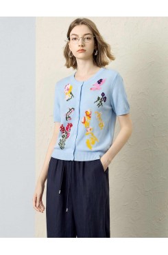 Sky Blue Floral Intarsia Short Sleeve Knit Cardigan Top