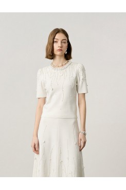 Sequin Embellished Pearl Neck Wool Knit Top