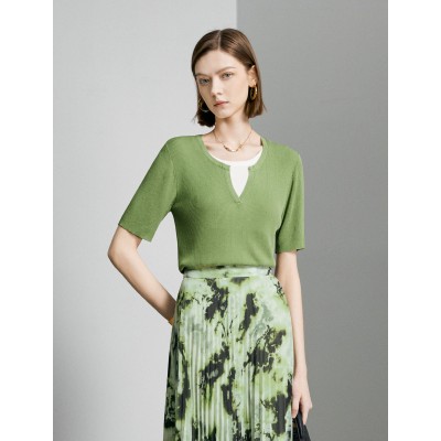 Leaf Green Ribbed V-Neck Layered Knit Top