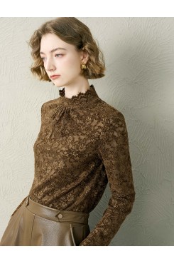 Floral Lace Mock Neck Ruched Blouse