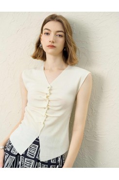 Ruched Knit Sleeveless V-Neck Top