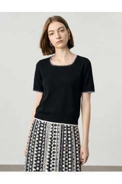 Black Contrast Trim Short Sleeve Knit Top