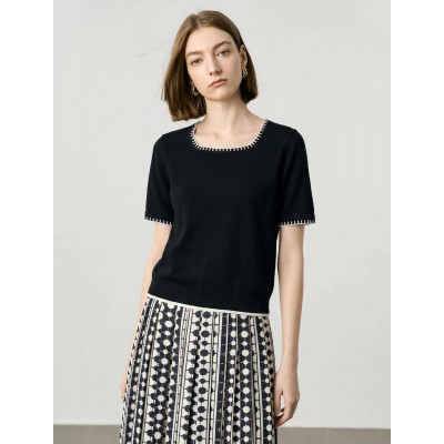 Black Contrast Trim Short Sleeve Knit Top