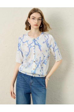Floral Print Elbow-Sleeve Knit Cardigan
