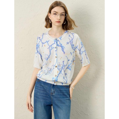 Floral Print Elbow-Sleeve Knit Cardigan