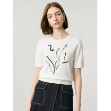 Abstract Floral Embroidered Knit Short Sleeve Top