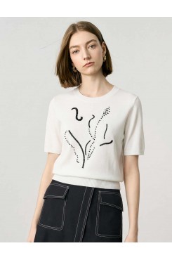 Abstract Floral Embroidered Knit Short Sleeve Top