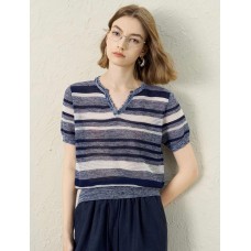 Striped V-Neck Knit Short Sleeve Top