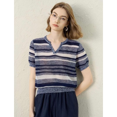 Striped V-Neck Knit Short Sleeve Top