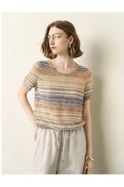 Colorful Striped Short Sleeve Knit Top