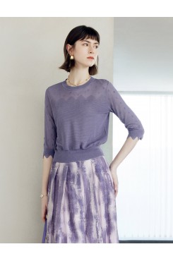 Wavy Texture Scalloped Cuffs Knitted Pullover