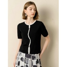 Black Contrast Trim Button Placket Knit Top