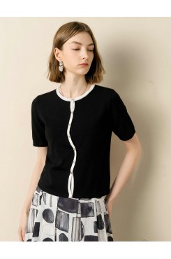 Black Contrast Trim Button Placket Knit Top